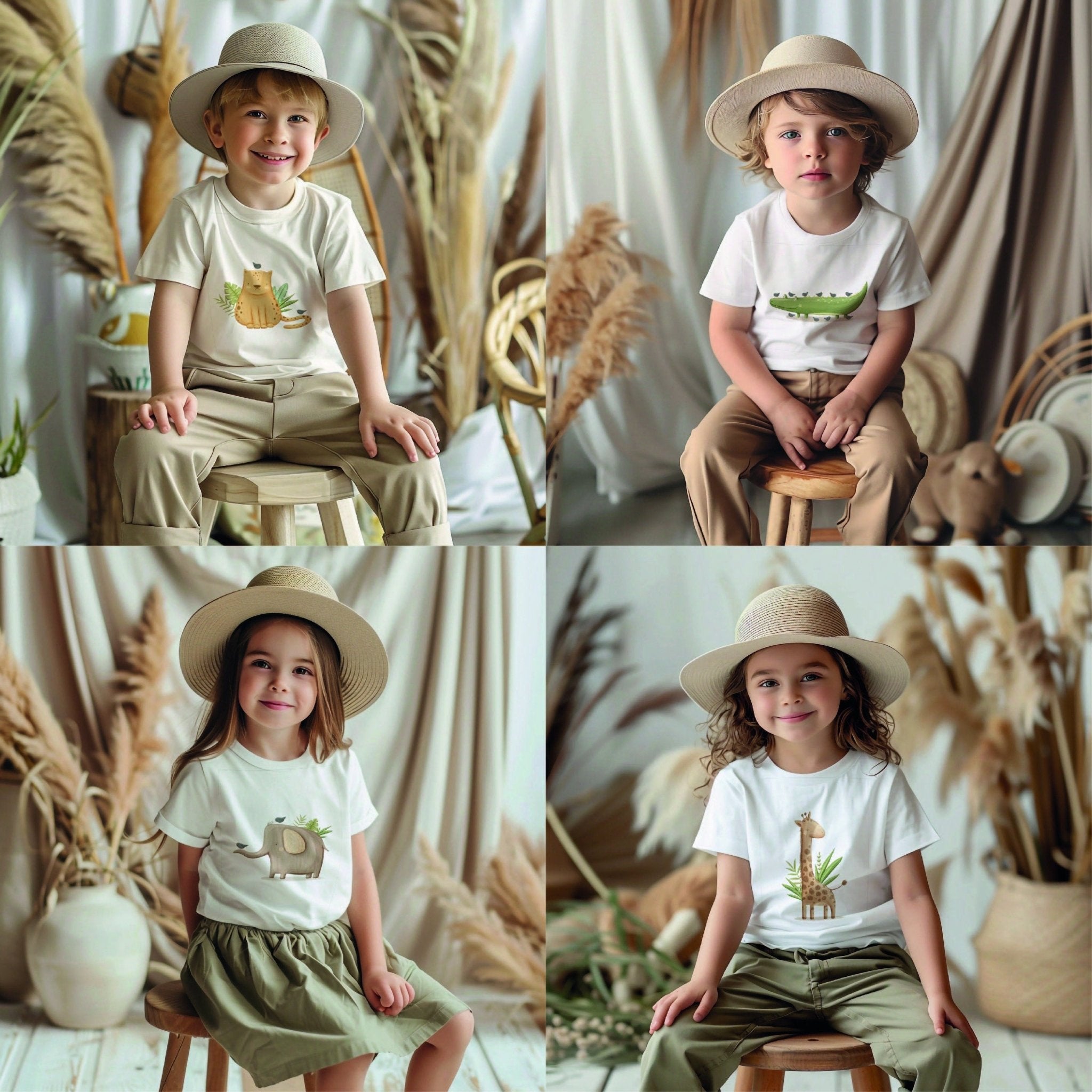 Four children sit on stools in a cozy setting wearing Safari Animals Toddler T-Shirts by My Store, made from 100% ringspun combed cotton, paired with earthy-toned pants. Two wear hats among dried plants. The natural mood is enhanced by easy-care machine washability of their outfits.