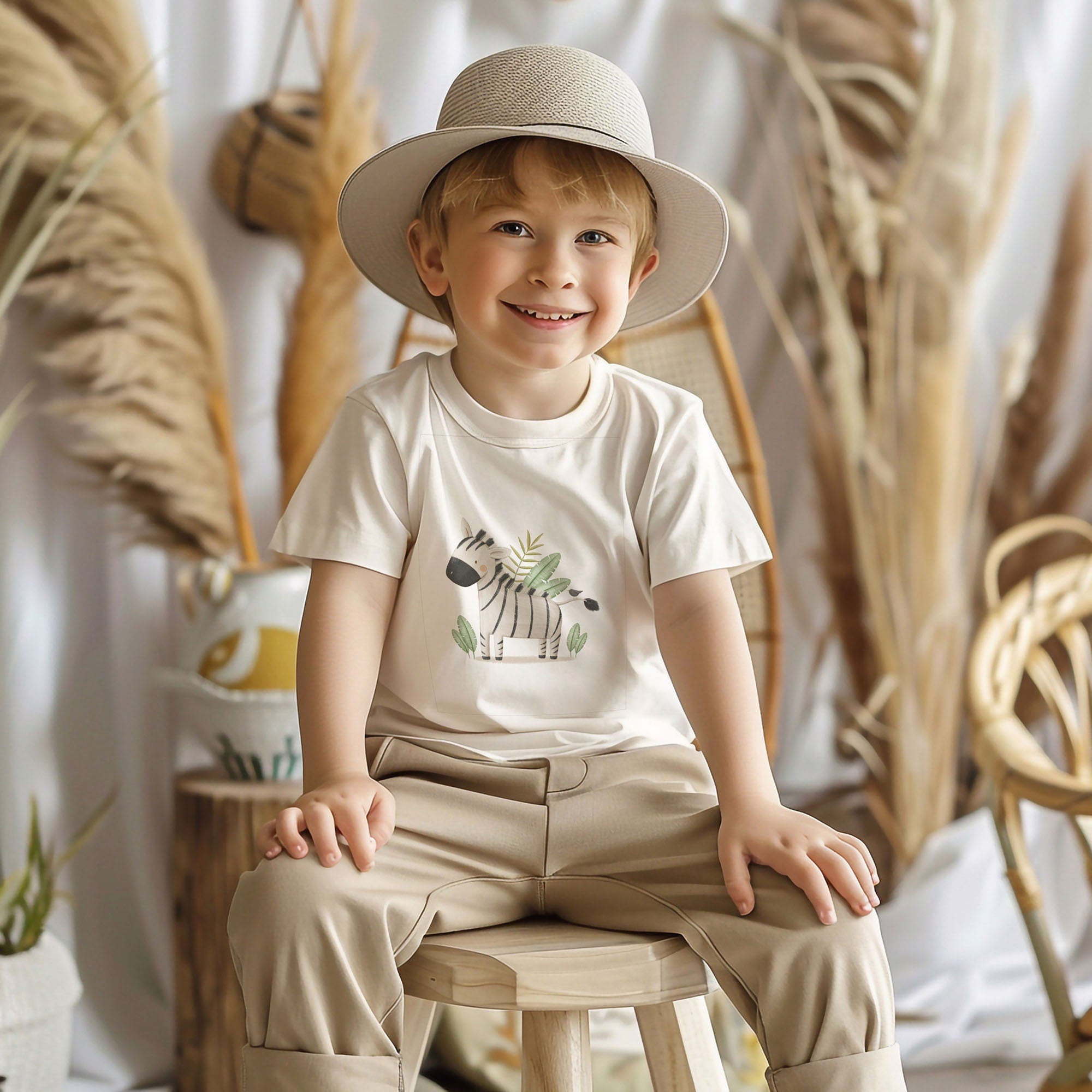 A young boy grins on a wooden stool, sporting a wide-brimmed hat and a white Safari Animals Toddler T Shirt from My Store. Made of 100% ringspun combed cotton with zebra print, he is surrounded by decorative plants and natural textures in an inviting, adventure-ready environment.