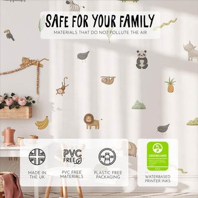 Transform a childs room with My Stores Safari & Jungle Animal Stickers featuring a lion, panda, and birds. Safe, eco-friendly: PVC-free, plastic-free packaging, water-based inks. Certificates for sustainable materials included—ideal for nursery decor!.