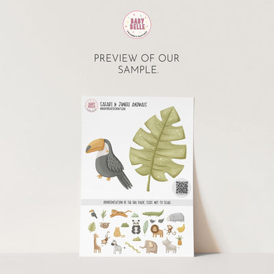 A My Store leaflet features jungle-themed illustrations, like a toucan and large leaf. Safari & Jungle Animal Stickers embellish the bottom. The text says Preview of our sample and Safari & Jungle Animals, ideal for nursery decor delights.