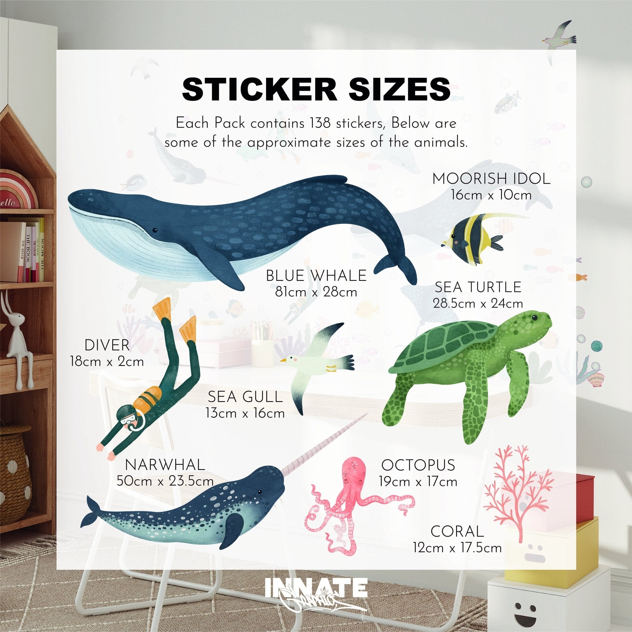 Transform your room with My Stores Sea Animals Stickers, sizing from 8cm to 68cm, featuring blue whales, narwhals, octopuses, and more vibrant sea life decals. Ideal for adding playful marine vibes while measuring growth!.