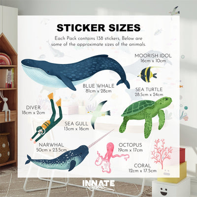 Transform your room with My Stores Sea Animals Stickers, sizing from 8cm to 68cm, featuring blue whales, narwhals, octopuses, and more vibrant sea life decals. Ideal for adding playful marine vibes while measuring growth!.