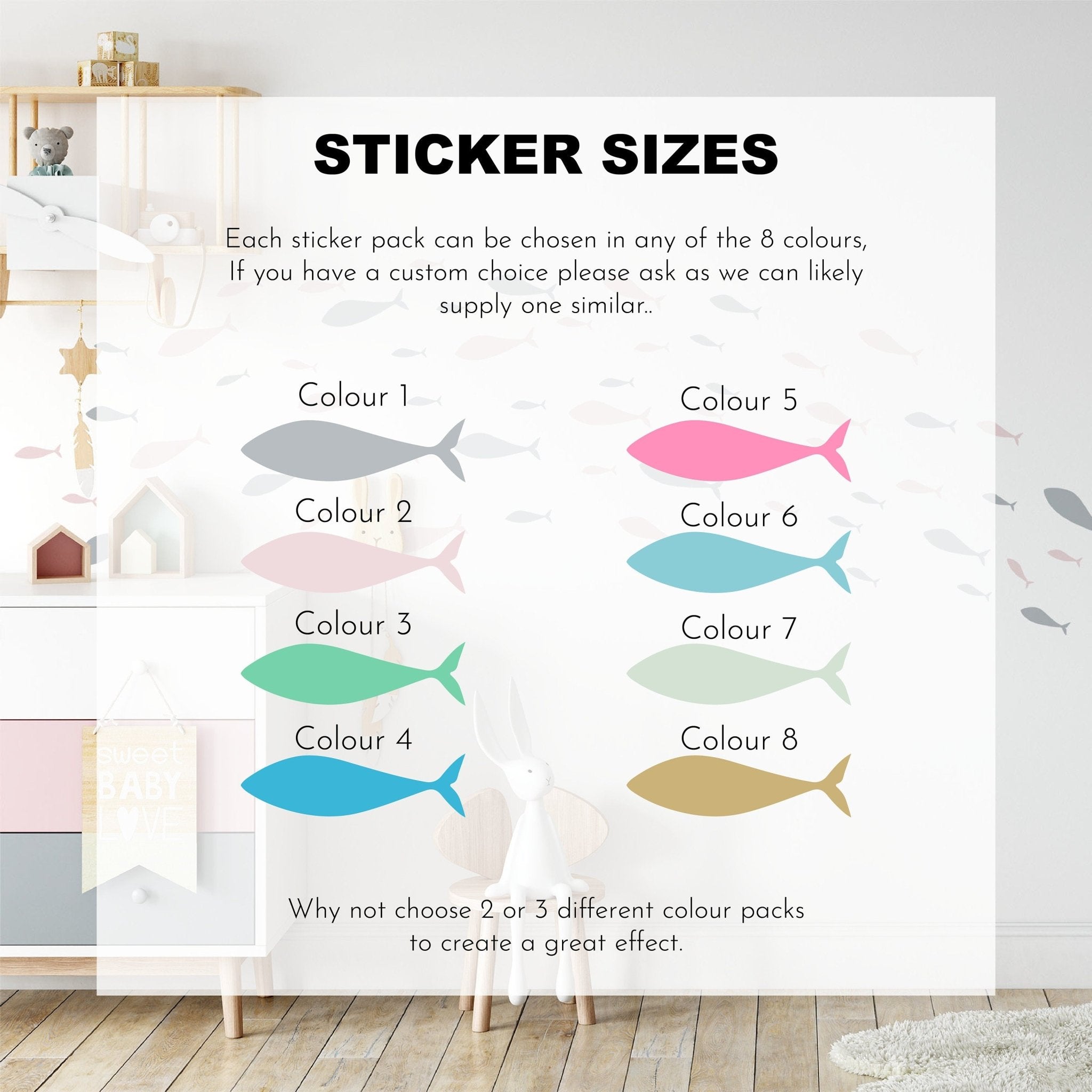 The Shoaling Fish Stickers from My Store includes eight colorful fish-shaped decals labeled from Colour 1 to Colour 8 on a transparent background. Ideal for nursery decor, these removable stickers add a subtle, playful touch with their charming fish patterns.