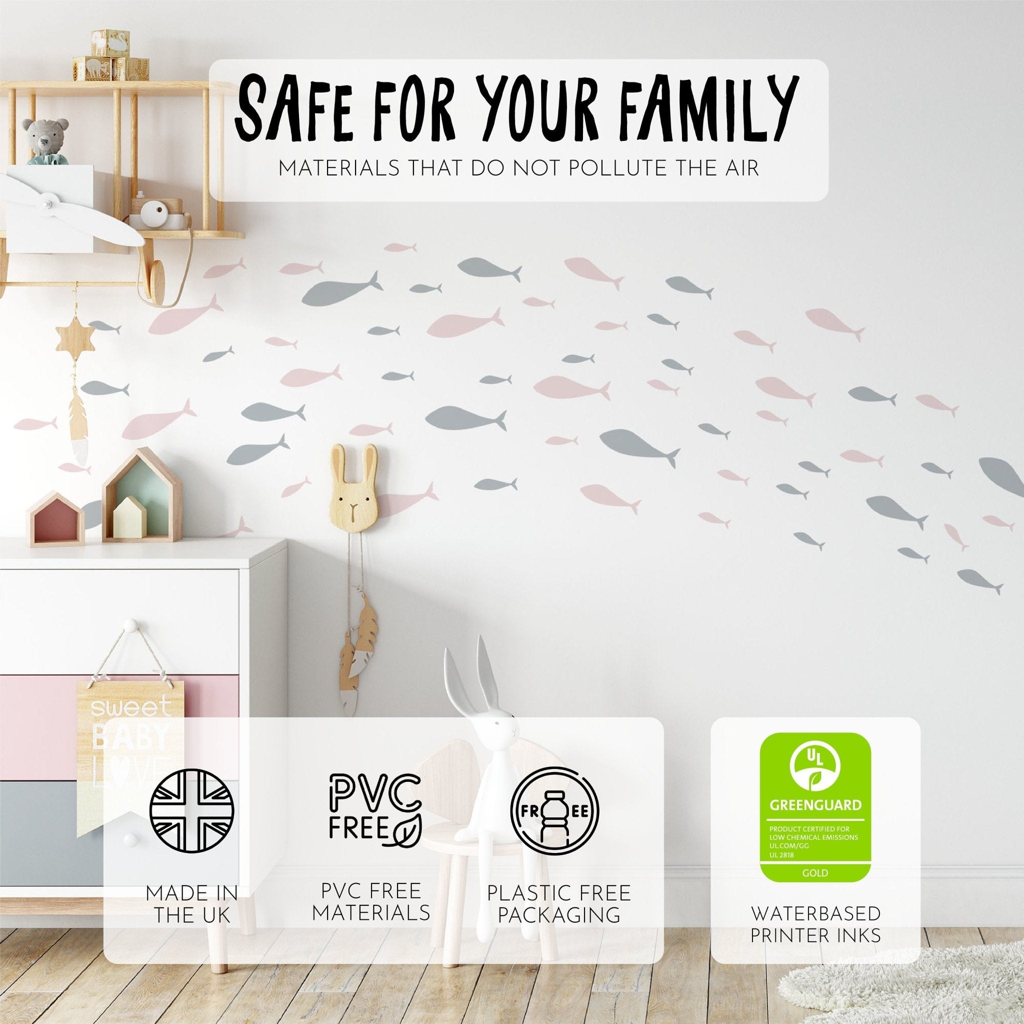 A childrens room showcases My Stores Shoaling Fish Stickers, featuring nursery decor with pastel-colored removable wall decals. UK-made and PVC-free, they come in plastic-free packaging with Greenguard-certified water-based printer inks. A stuffed rabbit and wooden toys adorn the shelf.
.