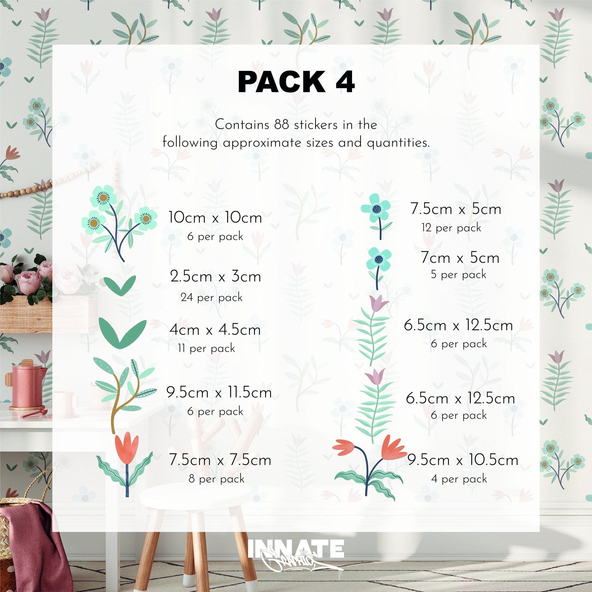 The Summer Mood Wall Stickers by My Store feature assorted floral designs in various sizes and quantities, ideal for decorating nurseries. Displayed on a floral background, these removable wall decals add charm to any room.