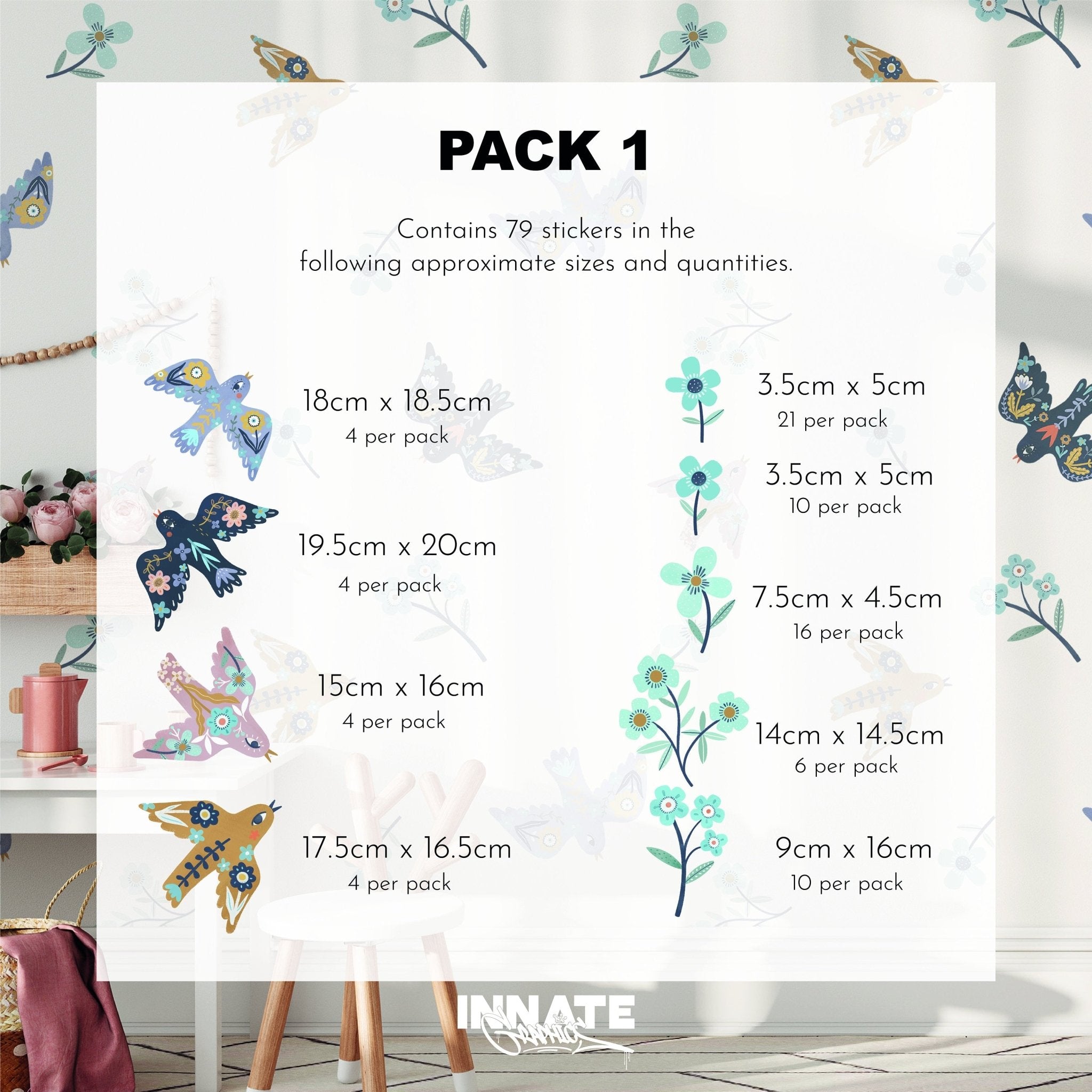 Image of Summer Mood Wall Stickers pack by My Store, featuring butterfly and flower designs ideal for nursery décor. Includes 79 removable decals in sizes: 18-20cm, 15-17cm, 9-14cm, and 3-9cm. Background shows a decorated room with a vase and books.