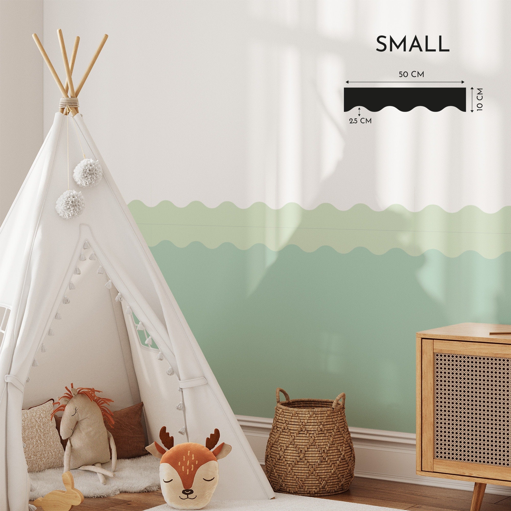 A cozy childrens room includes a white play tent, soft toys, and a basket. The Wave Wall Stencil by My Store adds green waves to the walls. A small wooden cabinet stands near the tent, while light from a window casts soft shadows.