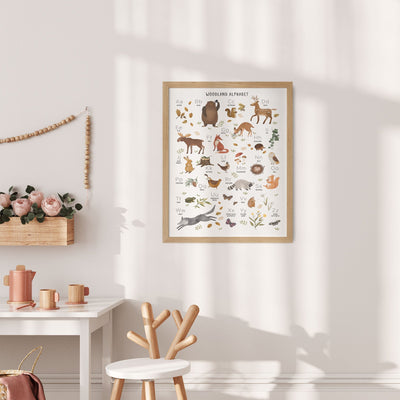 A cozy room showcases the Woodland Alphabet Nursery Print from My Store on a light wall, enhancing educational value. A white table with a wooden chair holds pink flowers in a basket, along with a teapot and cups. Sunlight casts soft shadows for a warm atmosphere.