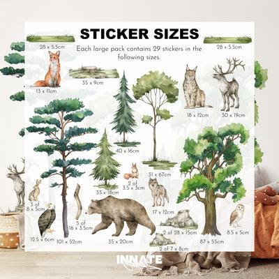 My Stores Woodland Animals Nursery Stickers include nature-themed decals with animals like deer, lynx, and bears, plus assorted watercolor trees. The Sticker Sizes poster displays dimensions with the INNATE logo at the bottom.