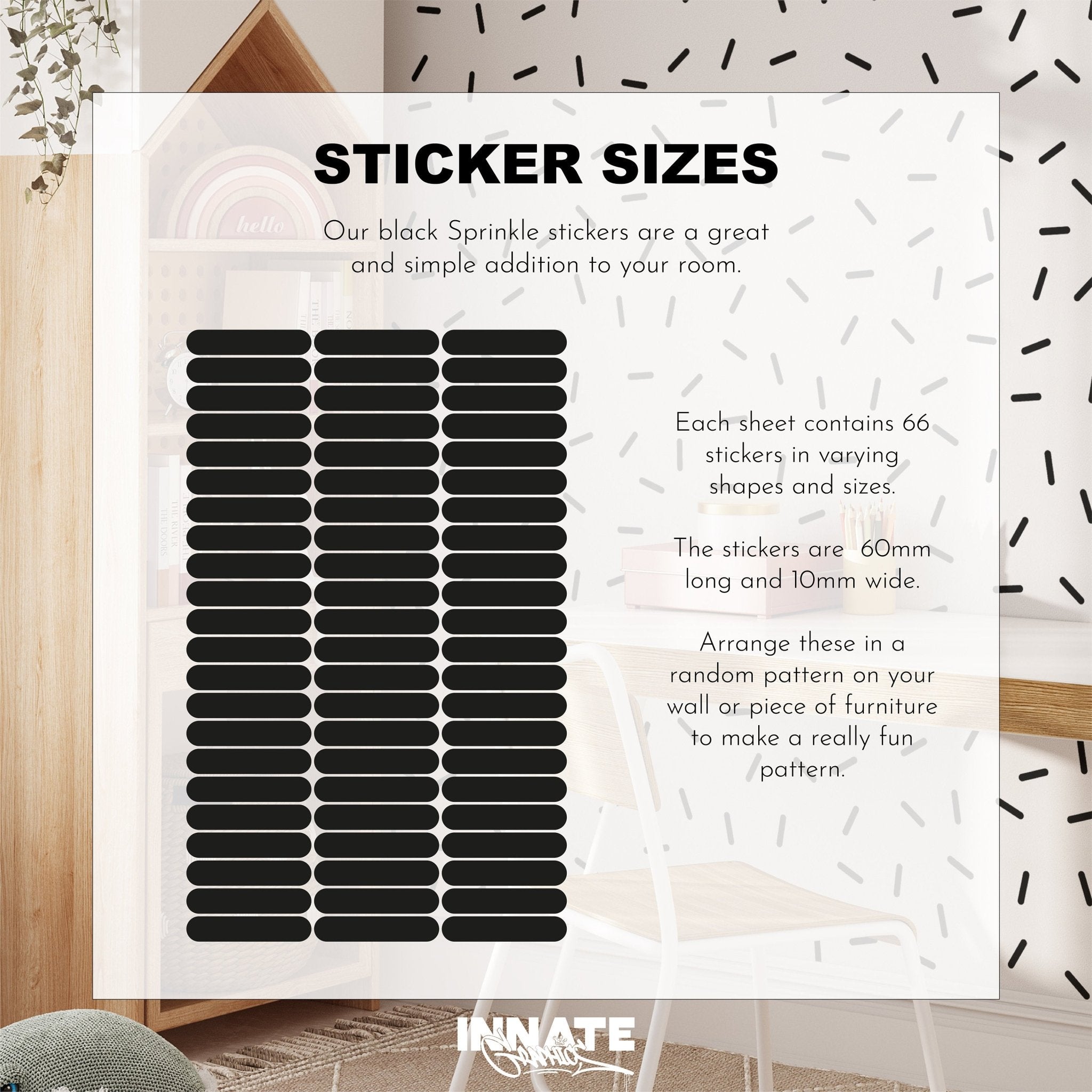 Image showcasing My Stores Black Sprinkle Stickers, ideal for adding character to nursery decor. The sheet includes 66 removable decals, each 60mm long and 10mm wide, perfect for creating unique patterns in modern spaces.
