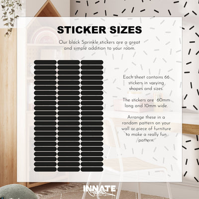 Image showcasing My Stores Black Sprinkle Stickers, ideal for adding character to nursery decor. The sheet includes 66 removable decals, each 60mm long and 10mm wide, perfect for creating unique patterns in modern spaces.