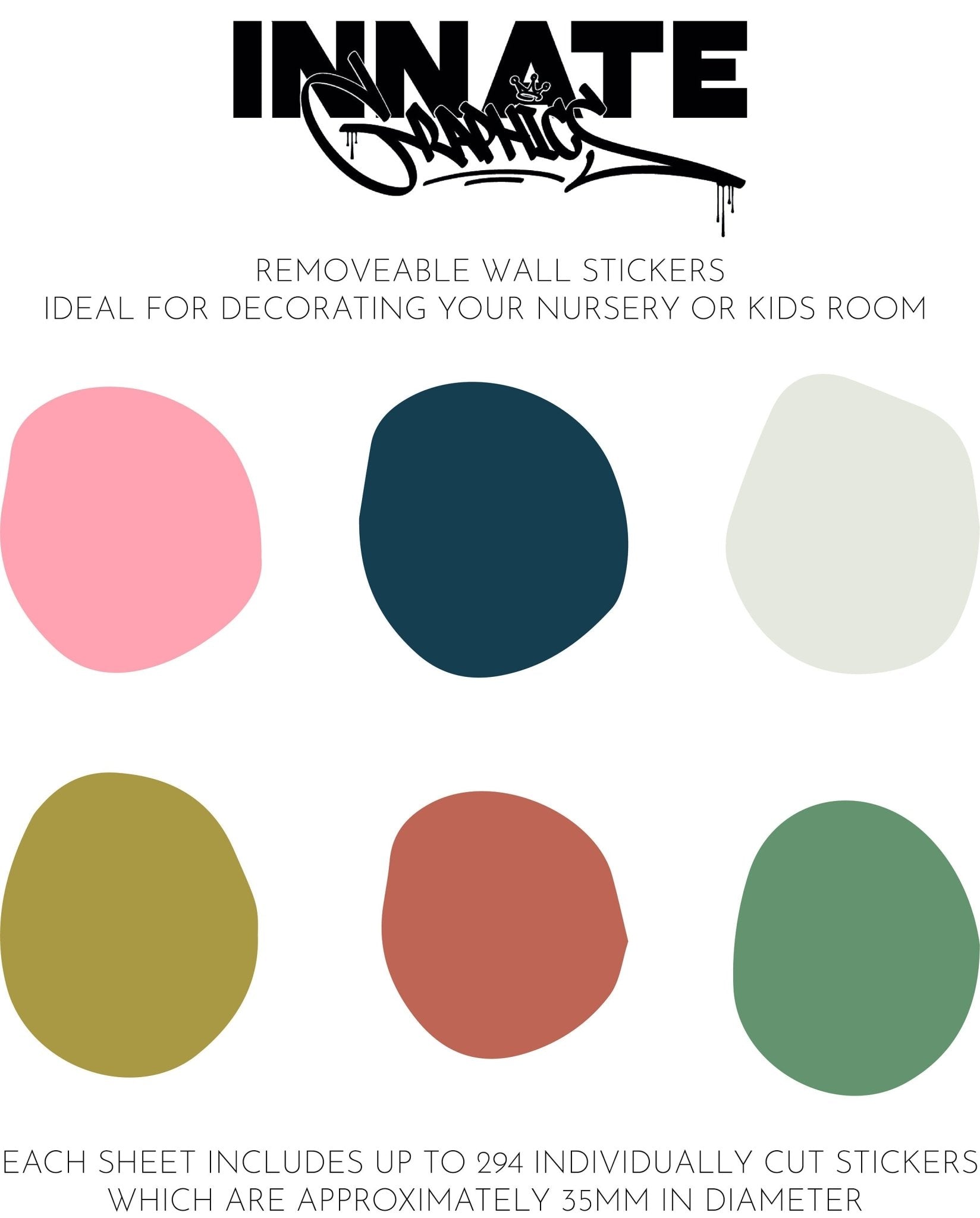 Explore My Stores Coloured Dot Stickers, ideal for nurseries or kids rooms. This set of six removable stickers features playful pink, dark blue, light green, yellow, brown, and green hues; each is about 35mm in diameter. Easily transform any space!.