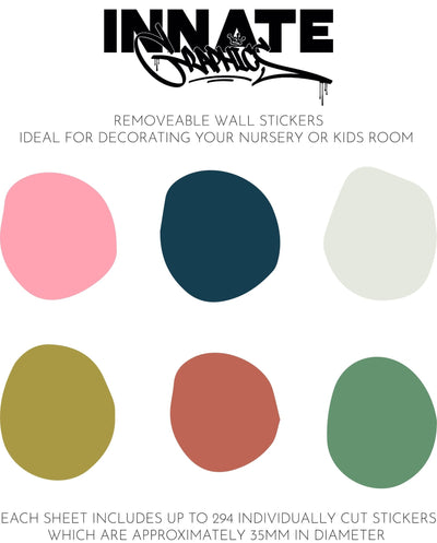 Explore My Stores Coloured Dot Stickers, ideal for nurseries or kids rooms. This set of six removable stickers features playful pink, dark blue, light green, yellow, brown, and green hues; each is about 35mm in diameter. Easily transform any space!.