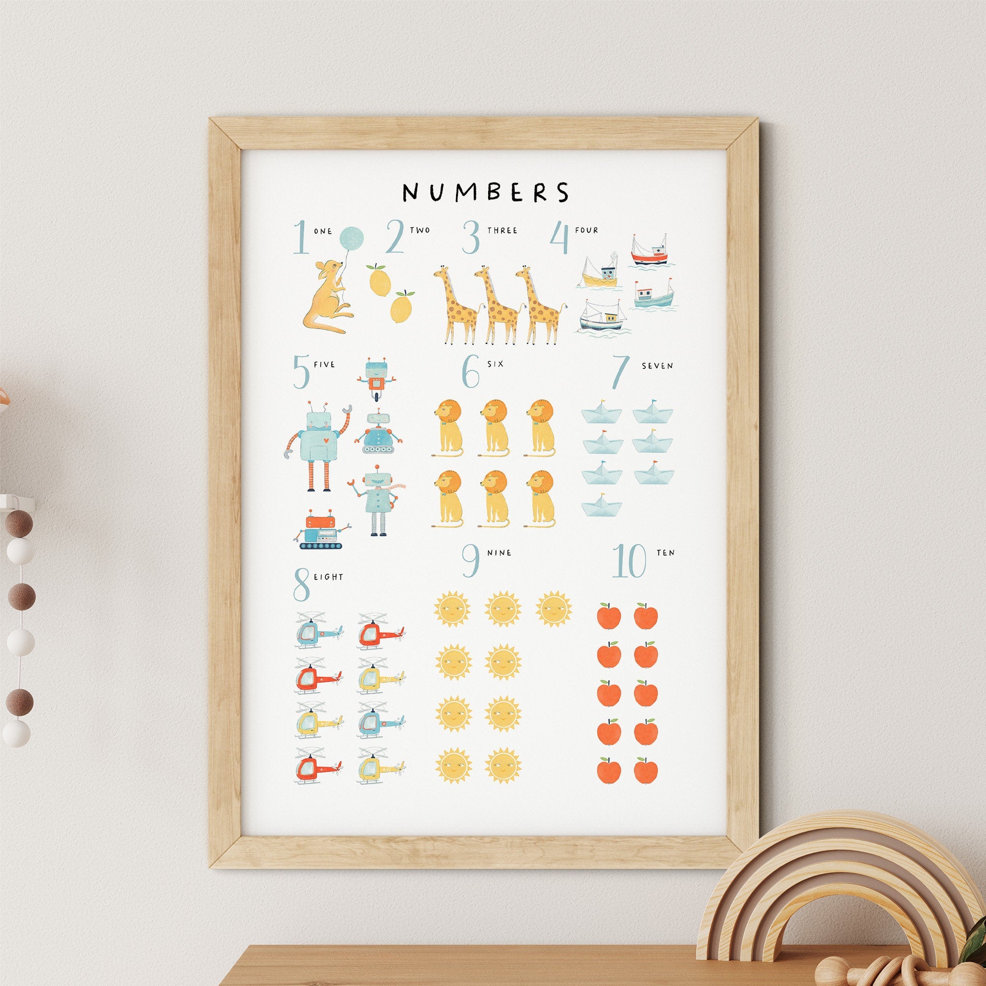 The My Store Numbers & Alphabet Nursery Print features a framed art poster with numbers 1 to 10 and illustrated animals and objects: rabbit, giraffes, robots, ducks, polka dots, teacups, sailboats, rockets, suns, apples. Ideal nursery print offering educational value for young learners.