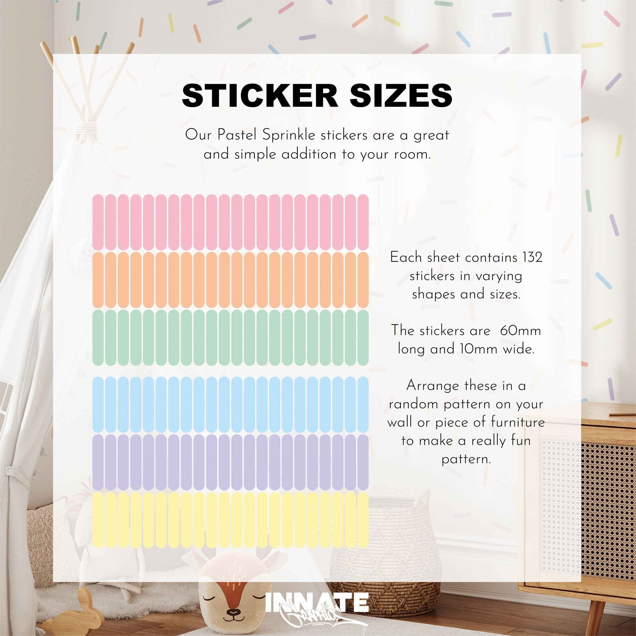 The image features My Stores Pastel Sprinkle Stickers in various colors, ideal for nursery decor. Each sheet includes 132 removable stickers measuring 60mm x 10mm. The background showcases a simple aesthetic with a chair and teddy bear.