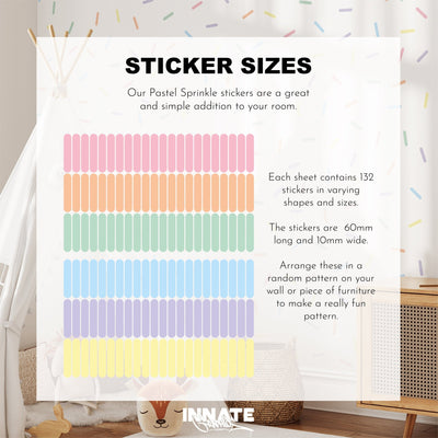 The image features My Stores Pastel Sprinkle Stickers in various colors, ideal for nursery decor. Each sheet includes 132 removable stickers measuring 60mm x 10mm. The background showcases a simple aesthetic with a chair and teddy bear.