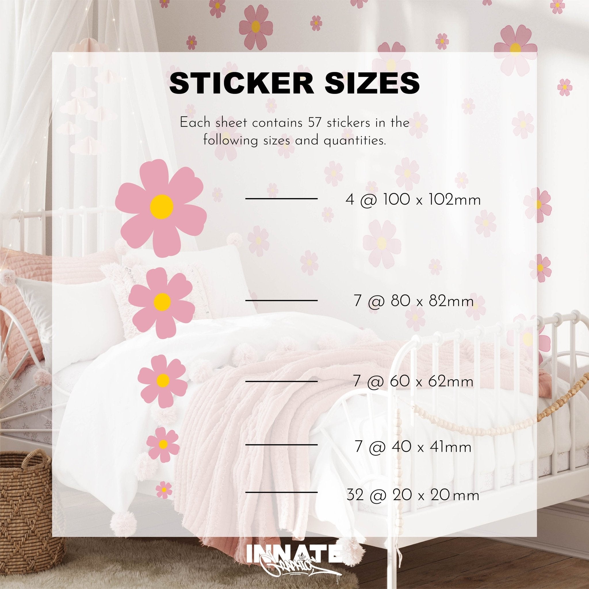 A chart titled "Sticker Sizes" lists five sizes and quantities of Pink Daisy Floral Wall Decals by My Store, ideal for nursery walls, shown in a child's bedroom with pink flower decals and a white crib. Sizes are in millimeters.
