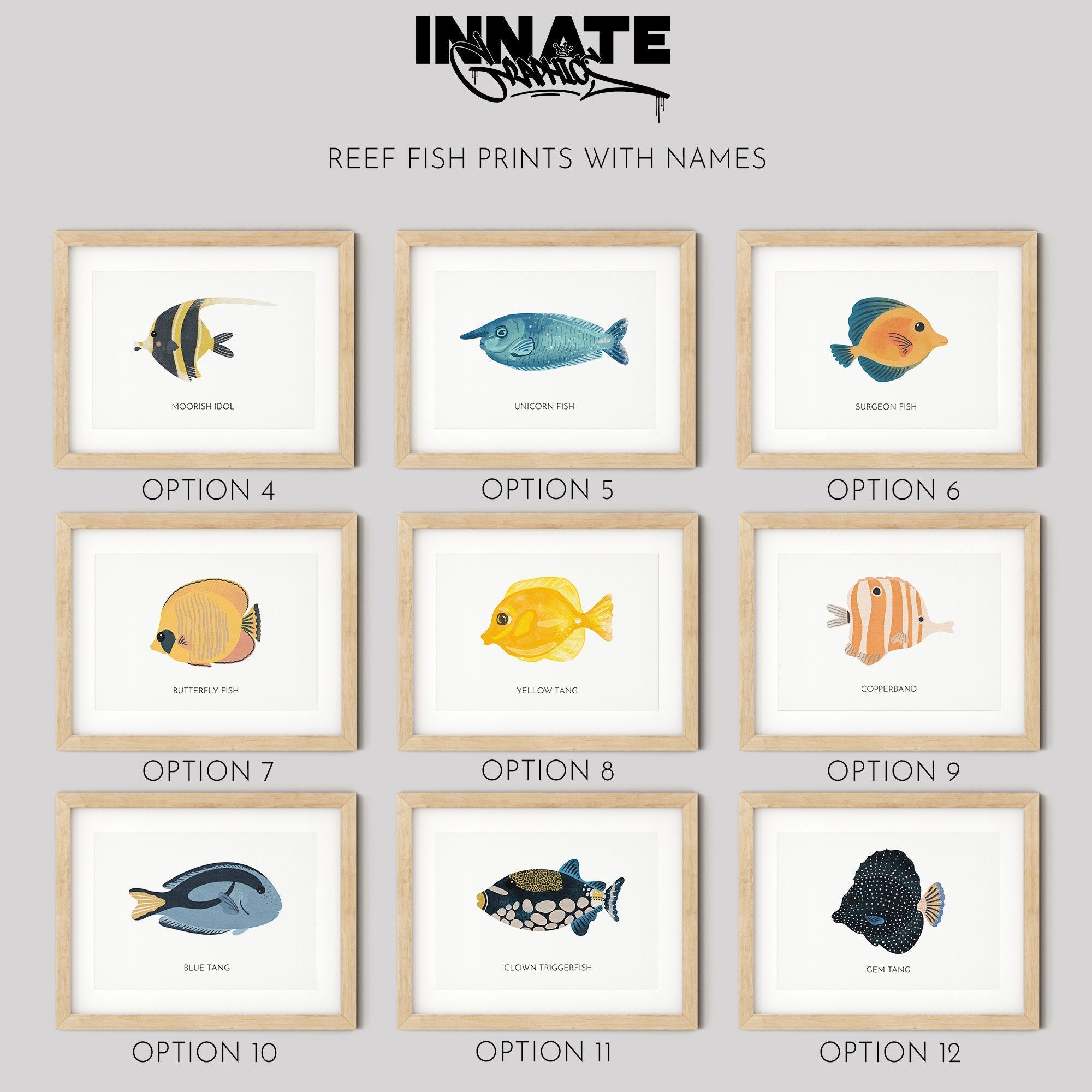 My Stores Reef Fish Nursery Print collection offers numbered prints of vibrant reef fish, like Moorish Idol and Unicorn Fish. Each print includes educational labels, sparking curiosity in young minds and adding fun to any space.
